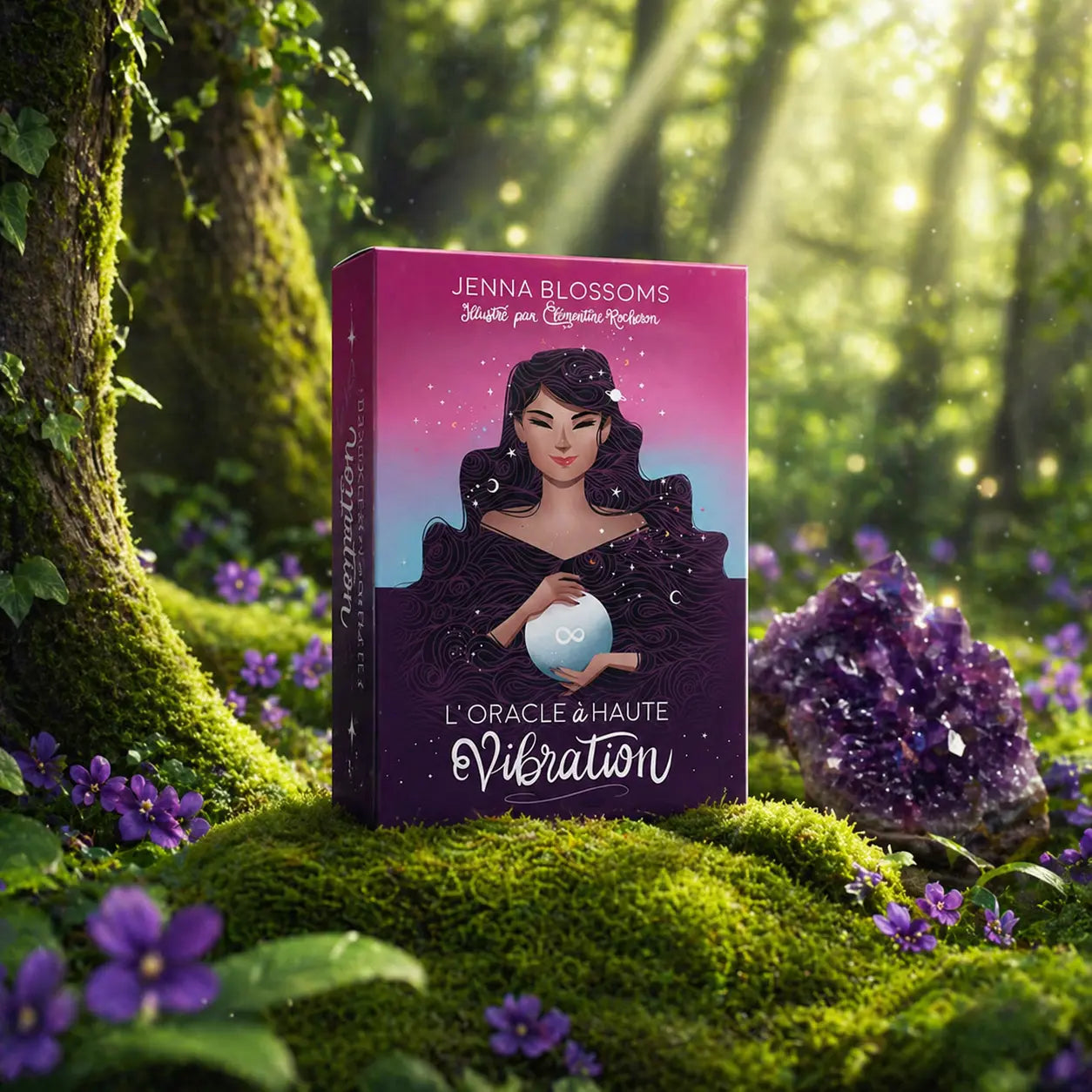 Coffret violet L'Oracle à Haute Vibration de Jenna Blossoms posé dans la mousse forestière, illustré d'une femme mystique tenant une sphère lumineuse frappée du symbole de l'infini.