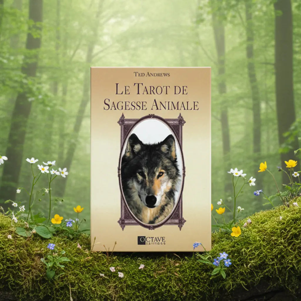 Coffret beige Le Tarot de Sagesse Animale de Ted Andrews posé sur une souche, illustré d'une tête de loup réaliste dans un cadre ornementé.