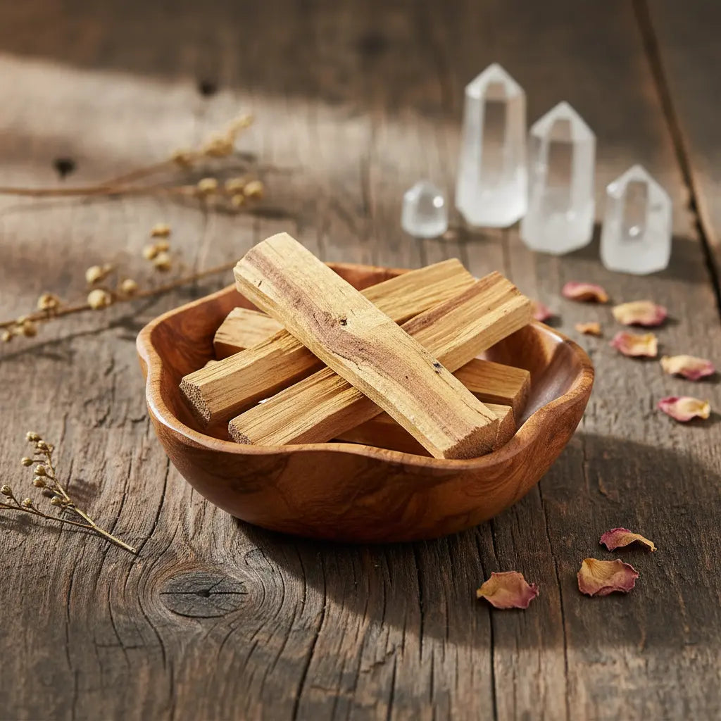 Bâtons de palo santo pour fumigation, bois beige doré dans une coupelle en bois sur table rustique avec cristaux en arrière-plan.