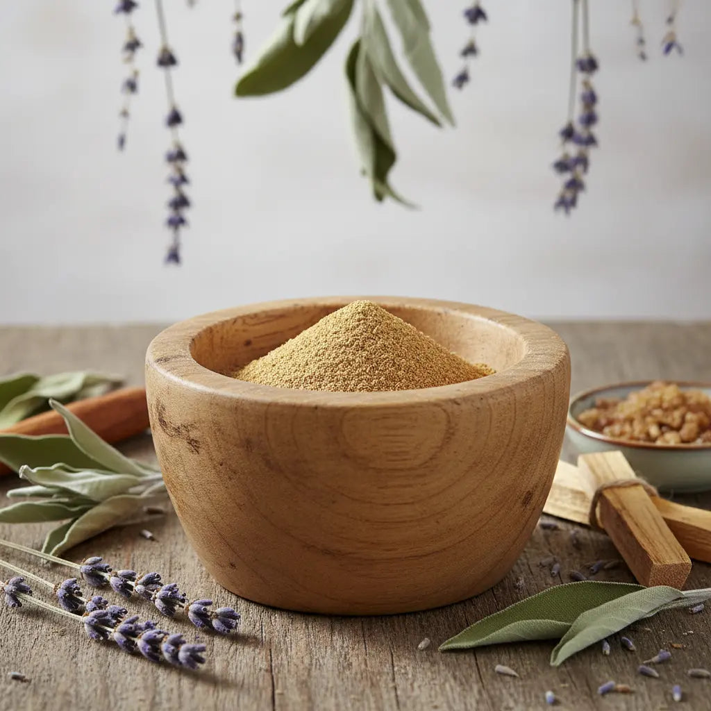 Palo santo en poudre pour fumigation, fine poudre dorée dans un mortier en bois entouré de sauge, lavande et bâtons de palo santo.