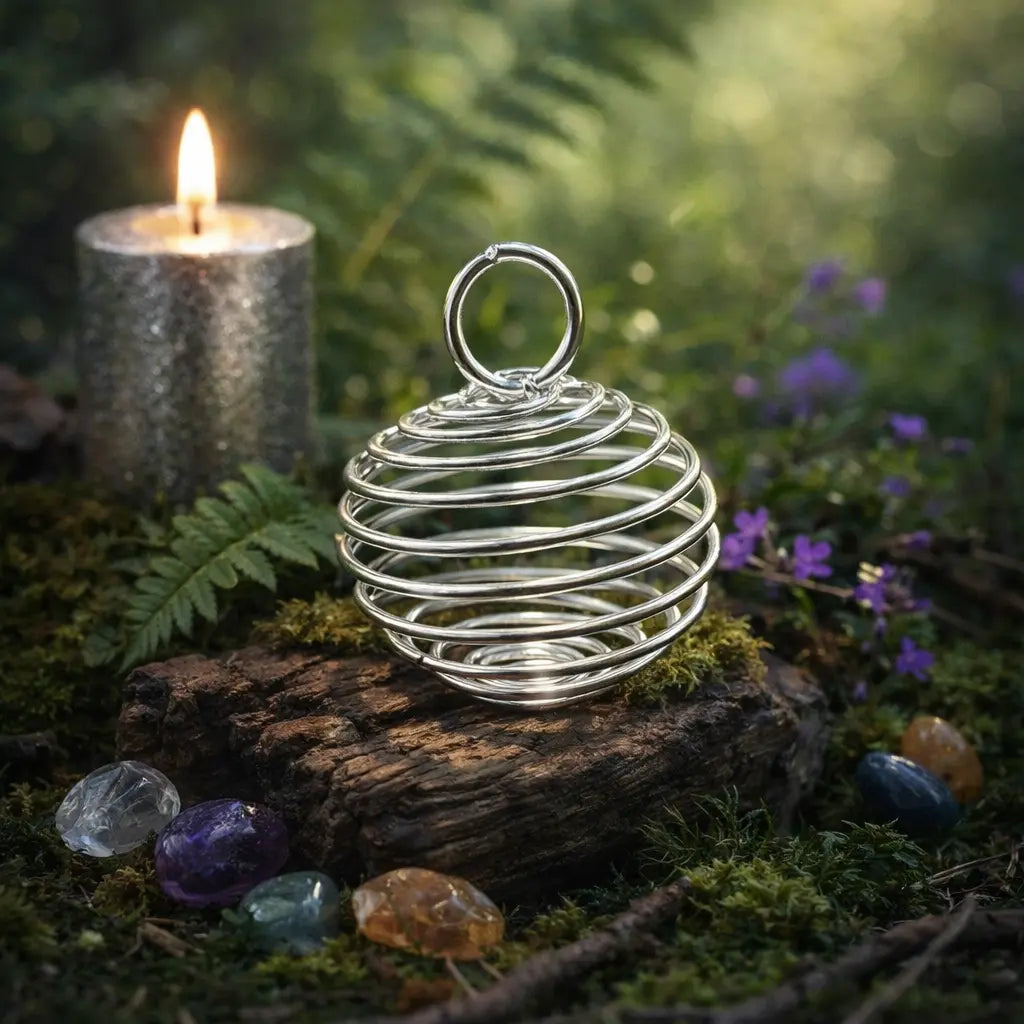 Boule Ressort Pendentif Spirale Argenté 28mm extensible, posée sur une écorce moussue avec une bougie, prête pour la création de bijoux lithothérapie.
