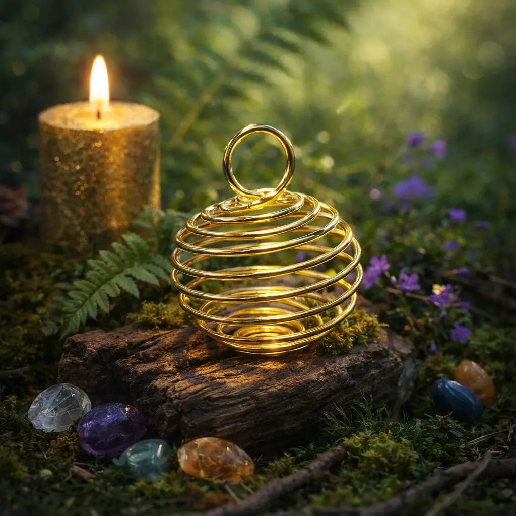 Boule Ressort Pendentif Spirale Doré 20mm posée sur une écorce entourée de cristaux, prête à accueillir une pierre roulée pour créer un bijou énergétique personnalisé.
