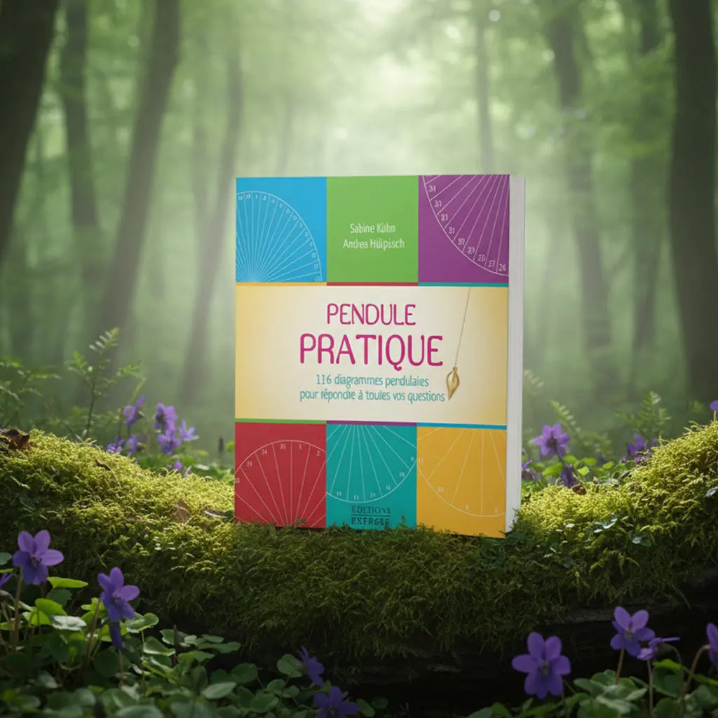 Livre coloré à spirales Pendule Pratique - 116 Diagrammes de Sabine Kuhn posé sur une souche, illustré de cadrans de radiesthésie multicolores.