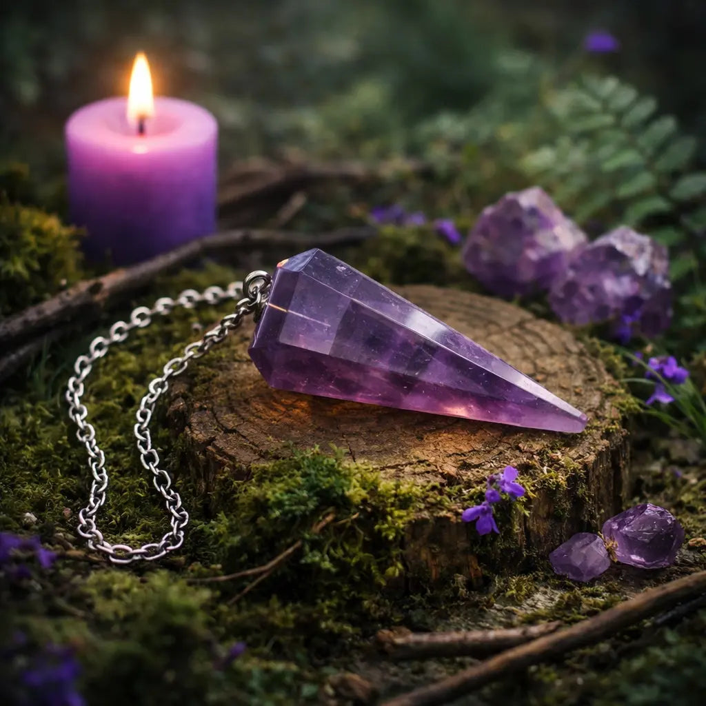 Pendule en forme de cône à facettes en Améthyste violette posé sur un socle en bois dans une atmosphère rituelle mystique avec bougie pourpre.