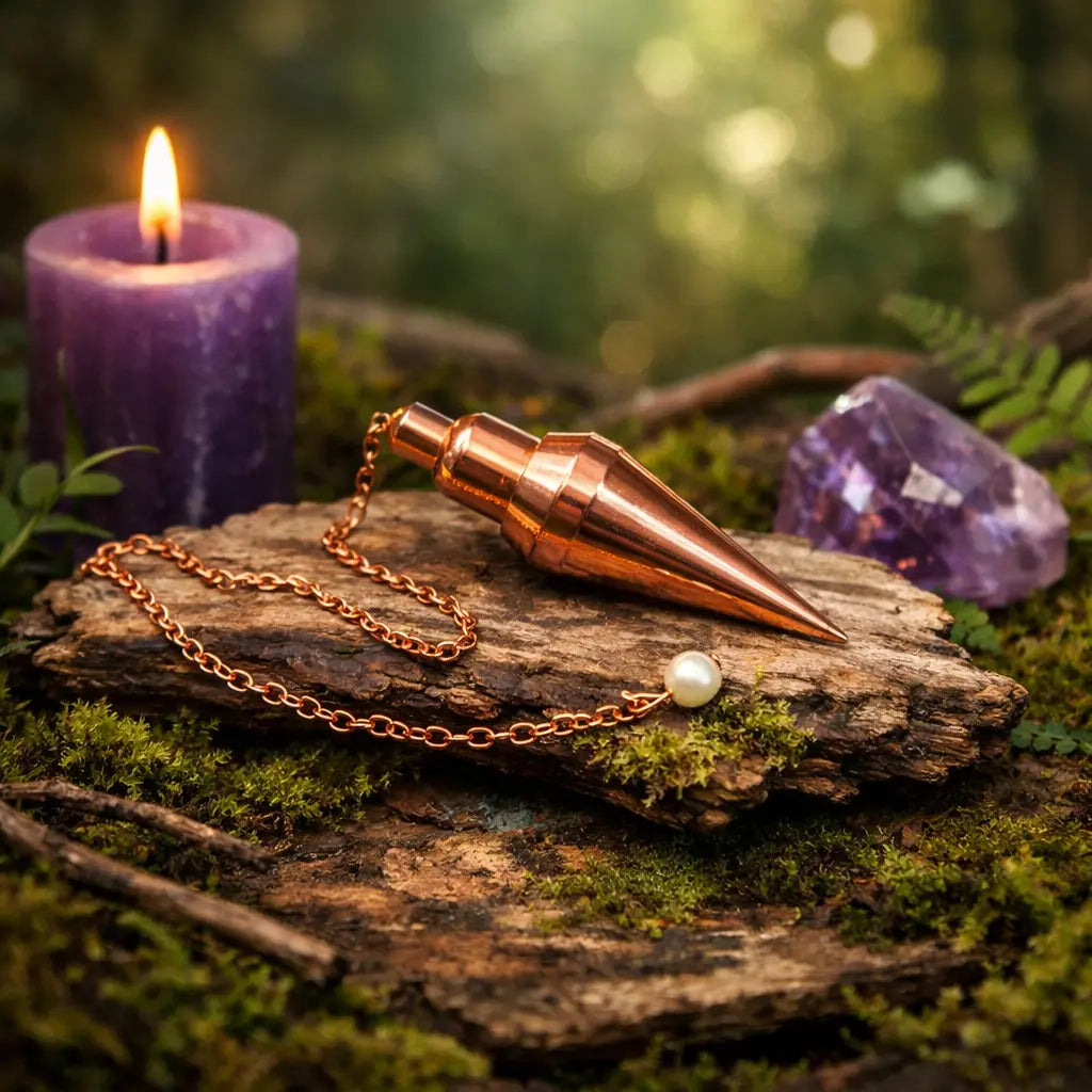 Pendule de radiesthésie Médium en cuivre brillant posé sur un écorce de bois, avec une chaîne en cuivre et une perle blanche, à côté d'une bougie violette allumée et d'une améthyste.