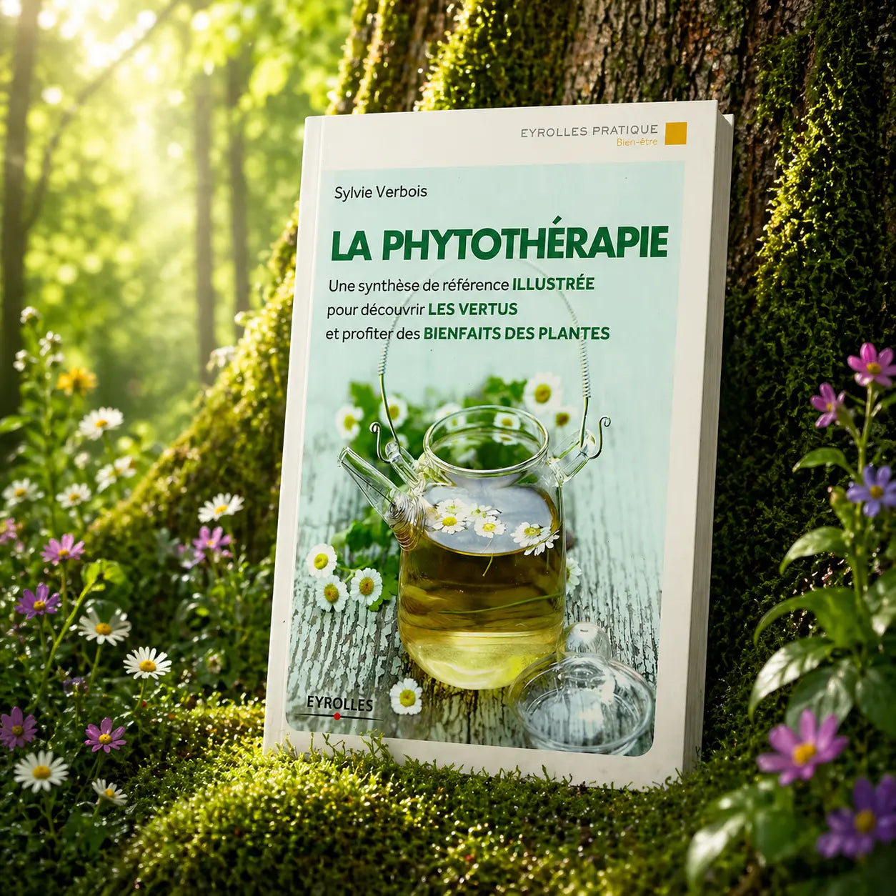Livre La Phytothérapie sur mousse sacrée au pied d'un arbre, entouré de fleurs violettes sous des rayons de soleil magiques.