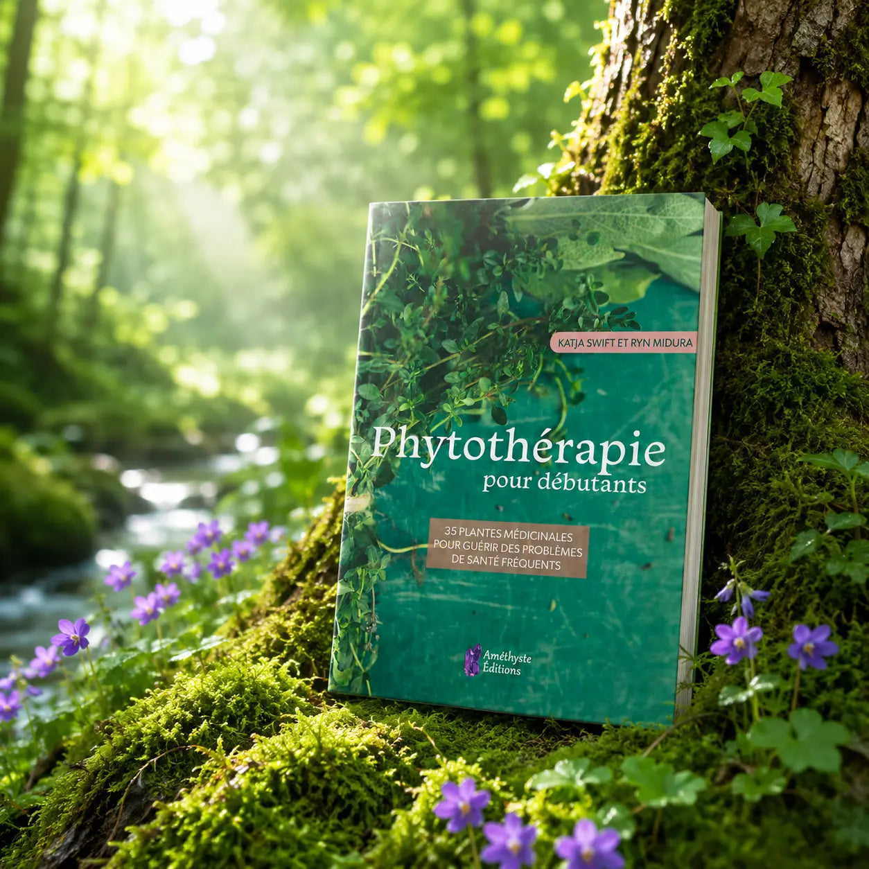 Livre Phytothérapie pour Débutants - Katja Swift, Ryn Midura sur mousse sacrée au pied d'un arbre, entouré de fleurs violettes sous des rayons de soleil magiques.