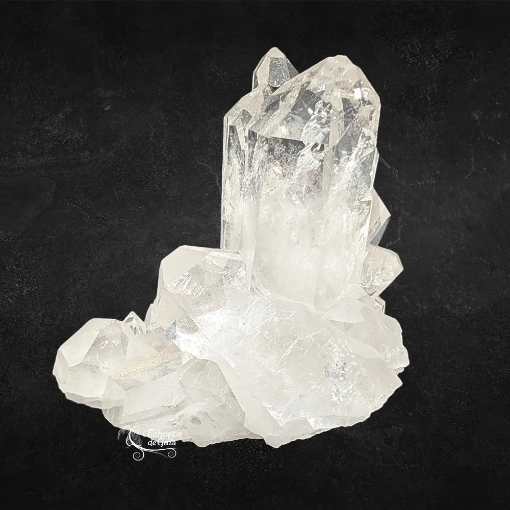 Amas de cristal de roche avec plusieurs pointes verticales transparentes sur un fond noir texturé.