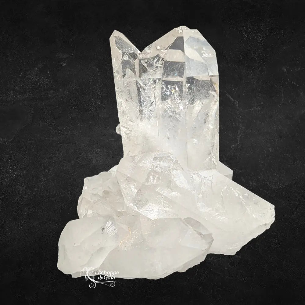 Gros plan d'un amas de cristal de roche avec deux grandes pointes de quartz dressées sur fond noir.