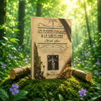 Livre Les Plantes Magiques et la Sorcellerie - Emile Gilbert sur mousse sacrée au pied d'un arbre, entouré de fleurs violettes sous des rayons de soleil magiques.