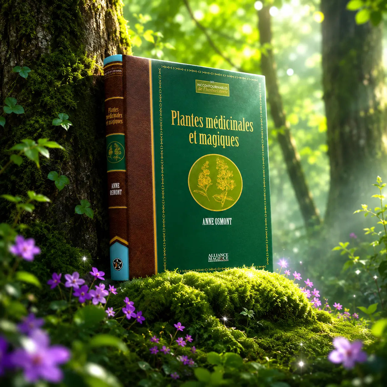 Livre Plantes Médicinales et Magiques - Anne Osmont sur mousse sacrée au pied d'un arbre, entouré de fleurs violettes sous des rayons de soleil magiques.