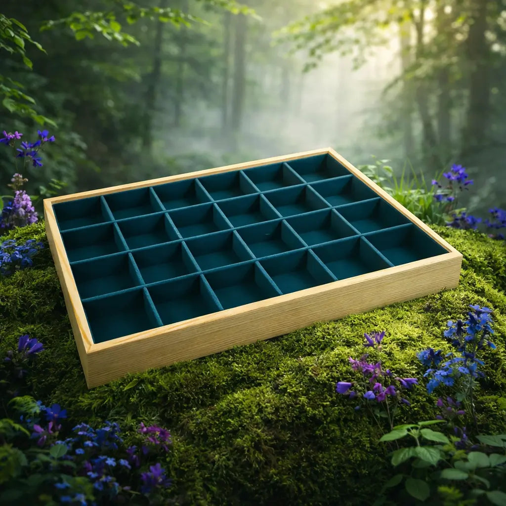 Plateau Rangement Bijoux, Minéraux Cristaux Lithothérapie Bois avec 24 compartiments en suédine vert émeraude, posé sur une souche moussue avec des fleurs violettes.