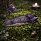 Spectaculaire pointe d'améthyste violette aux reflets translucides, polie sur ses faces et brute à sa base, posée sur un lit de mousse mystique.