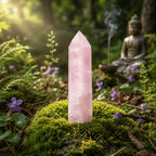 Une grande pointe de quartz rose polie à facettes d'un rose tendre et lumineux, dressée sur un dôme de mousse forestière avec une statue de Bouddha et de l'encens fumant en arrière-plan.