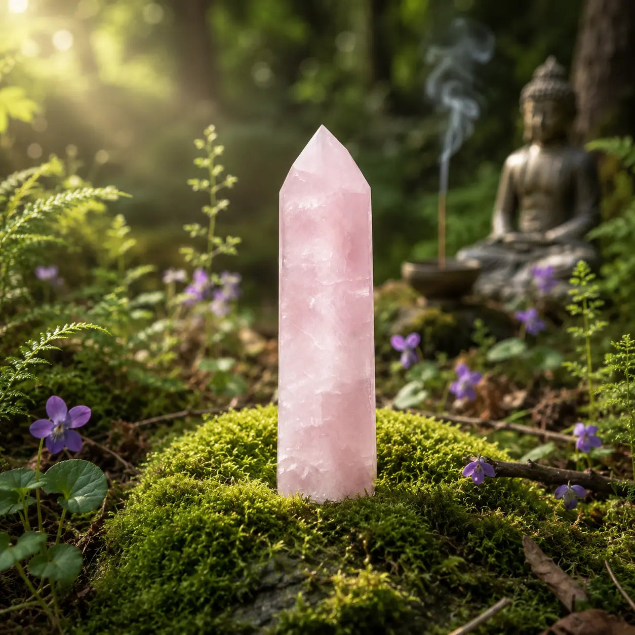 Une grande pointe de quartz rose polie à facettes d'un rose tendre et lumineux, dressée sur un dôme de mousse forestière avec une statue de Bouddha et de l'encens fumant en arrière-plan.