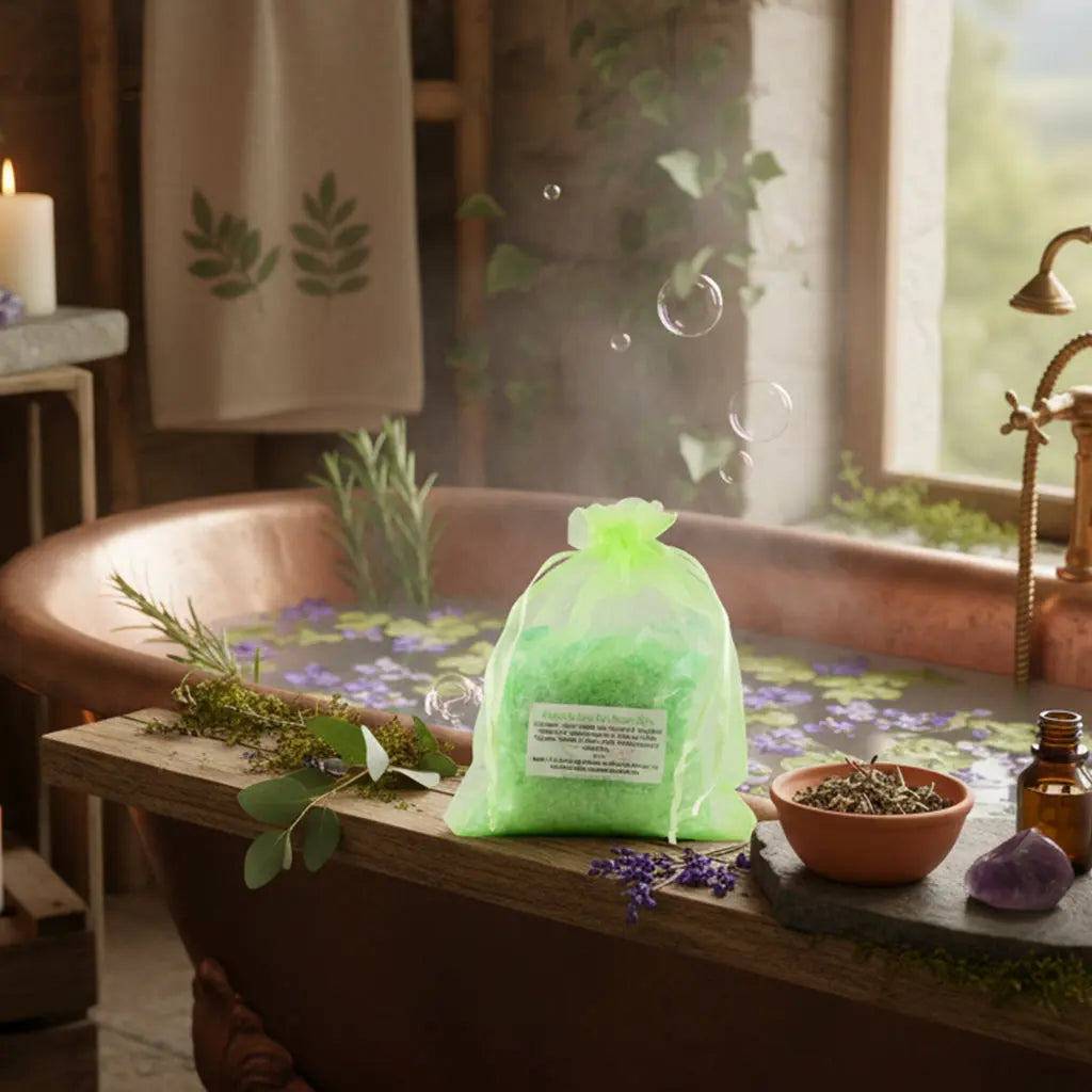 Sachet de Potion de Bain Anti-Stress vert dans une baignoire en cuivre, eau émeraude et vapeur dans un cocon naturel.