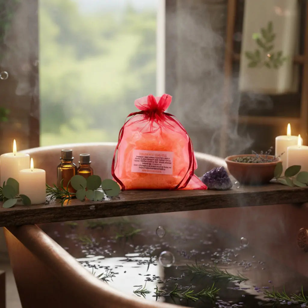 Sachet de Potion de Bain Detox orange sur une baignoire en cuivre avec vapeur, ambiance de rituel de purification.
