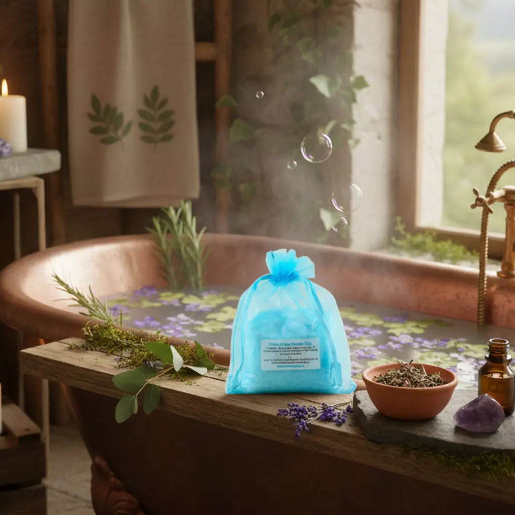 Sachet bleu de Potion de Bain Paresse sur une baignoire en cuivre avec lavande et vapeur, ambiance mystique et naturelle.