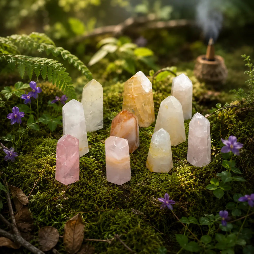 Petites pointes de quartz hématoïde taillées à facettes, de couleurs variées blanches, jaunes et orangées, disposées sur un tapis de mousse verte forestière.