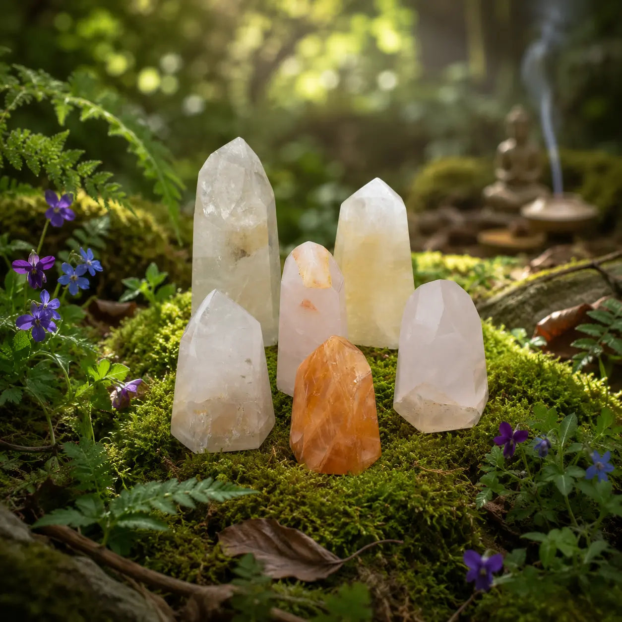 Pointes de quartz hématoïde polies à facettes, de teintes allant du translucide au jaune orangé, dressées sur de la mousse verte en pleine nature avec une statuette de Bouddha.