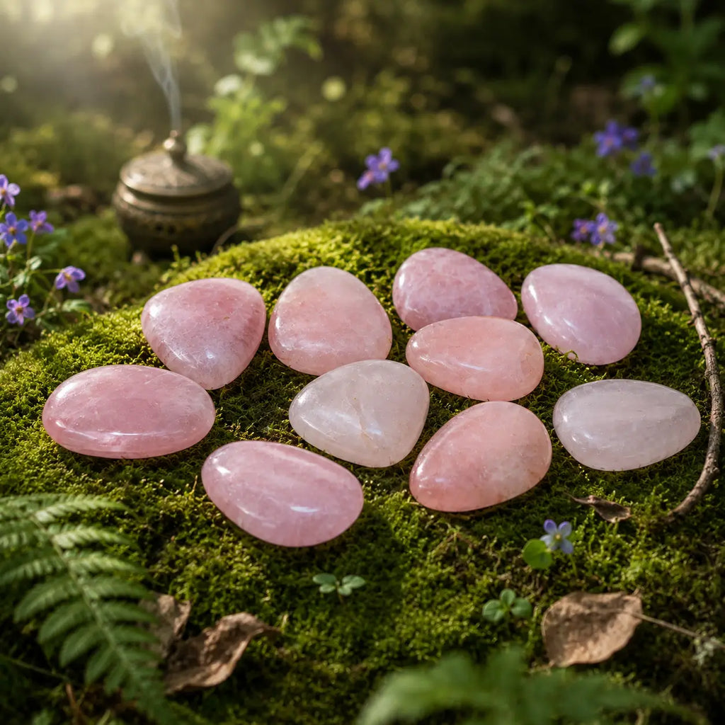 Galets plats de quartz rose poli de qualité supérieure AA, aux nuances roses tendres et lumineuses, disposés sur de la mousse forestière avec un encensoir en arrière-plan.