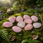 Galets plats de quartz rose poli de qualité supérieure AA, aux nuances roses tendres et lumineuses, disposés sur de la mousse forestière avec un encensoir en arrière-plan.