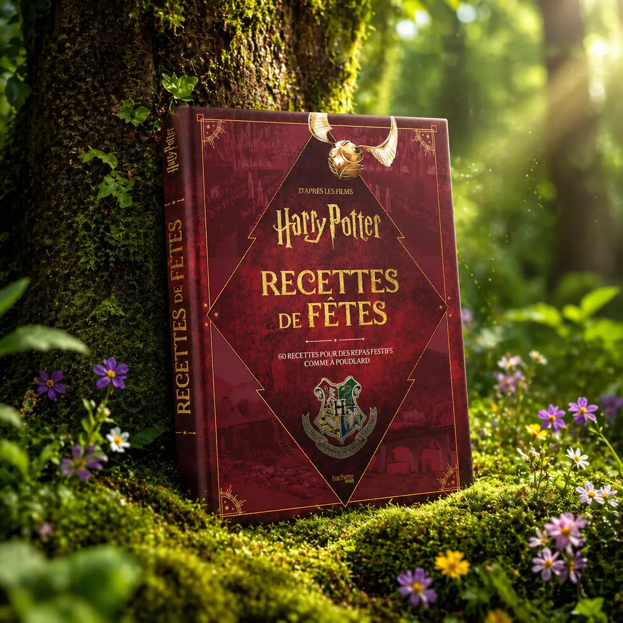 Livre rouge Harry Potter Recettes de Fêtes posé dans la mousse, illustré d'un Vif d'Or et du blason de Poudlard sous une lumière magique.