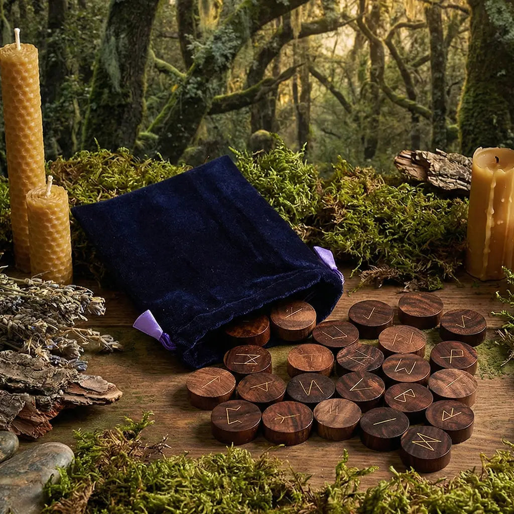 Pochette en suédine bleu nuit déversant un jeu de Runes - Bois massif sur une table moussue, entouré de bougies en cire d'abeille.