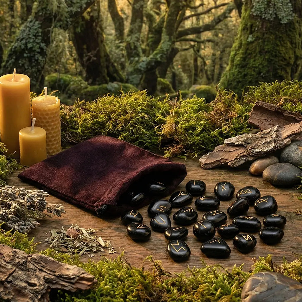 Sac en velours sombre déversant un ensemble de Runes - Onyx noires sur une table en bois moussu, entouré de bougies en cire d'abeille et de lumière chaude.