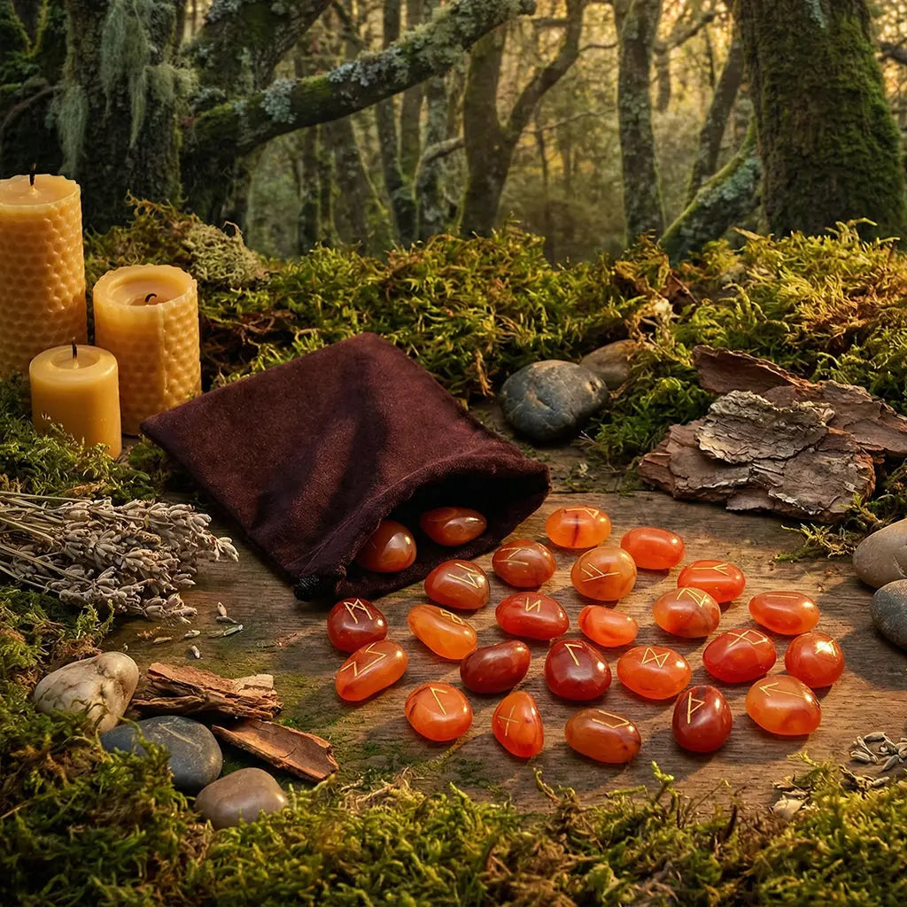 Sac en velours sombre déversant un ensemble de Runes - Cornaline oranges sur une table en bois moussu, entouré de bougies en cire d'abeille et de lumière chaude.