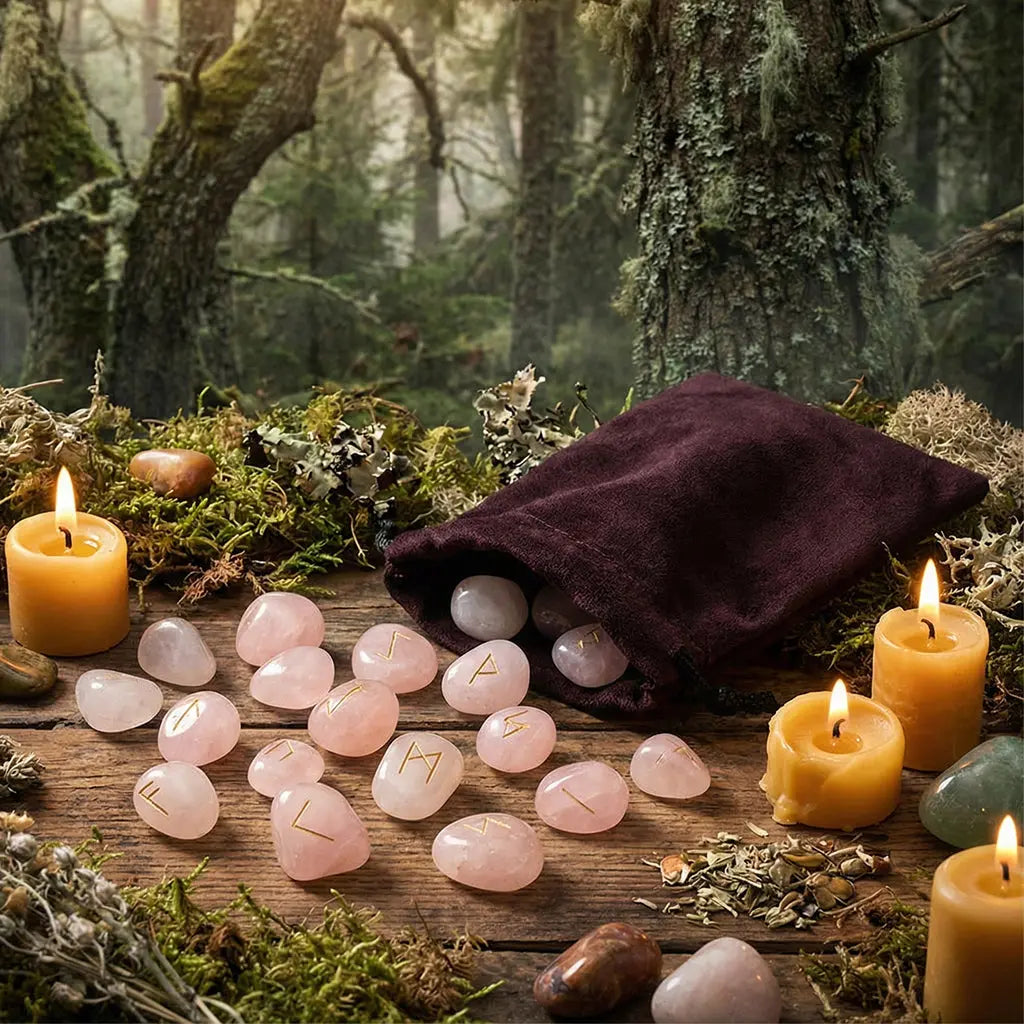 Sac en velours pourpre déversant un ensemble de Runes - Quartz Rose sur une table en bois, entouré de bougies et de mousse, créant une ambiance douce et magique.