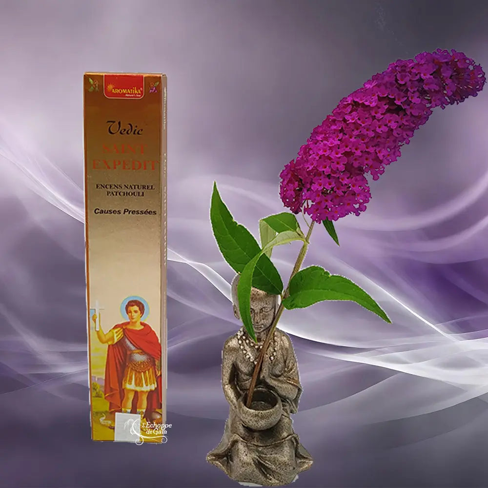 Boîte d'encens naturel Vedic Saint Expedit Patchouli dorée avec illustration du saint, statuette de moine et fleur violette sur fond mauve