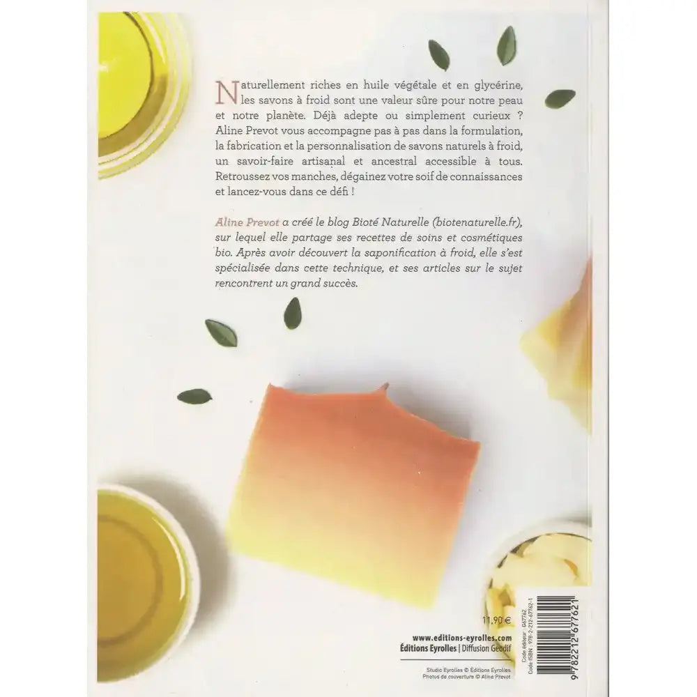 Quatrième de couverture du livre Savons naturels à faire soi-même, présentant le texte descriptif sur fond blanc avec un savon bicolore.