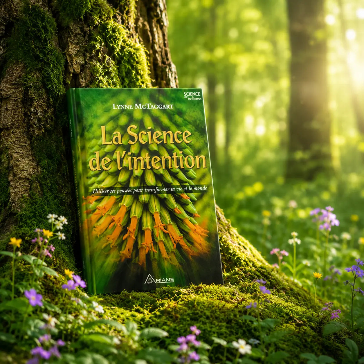 Livre La Science de l'intention sur mousse sacrée au pied d'un arbre, entouré de fleurs violettes sous des rayons de soleil magiques.