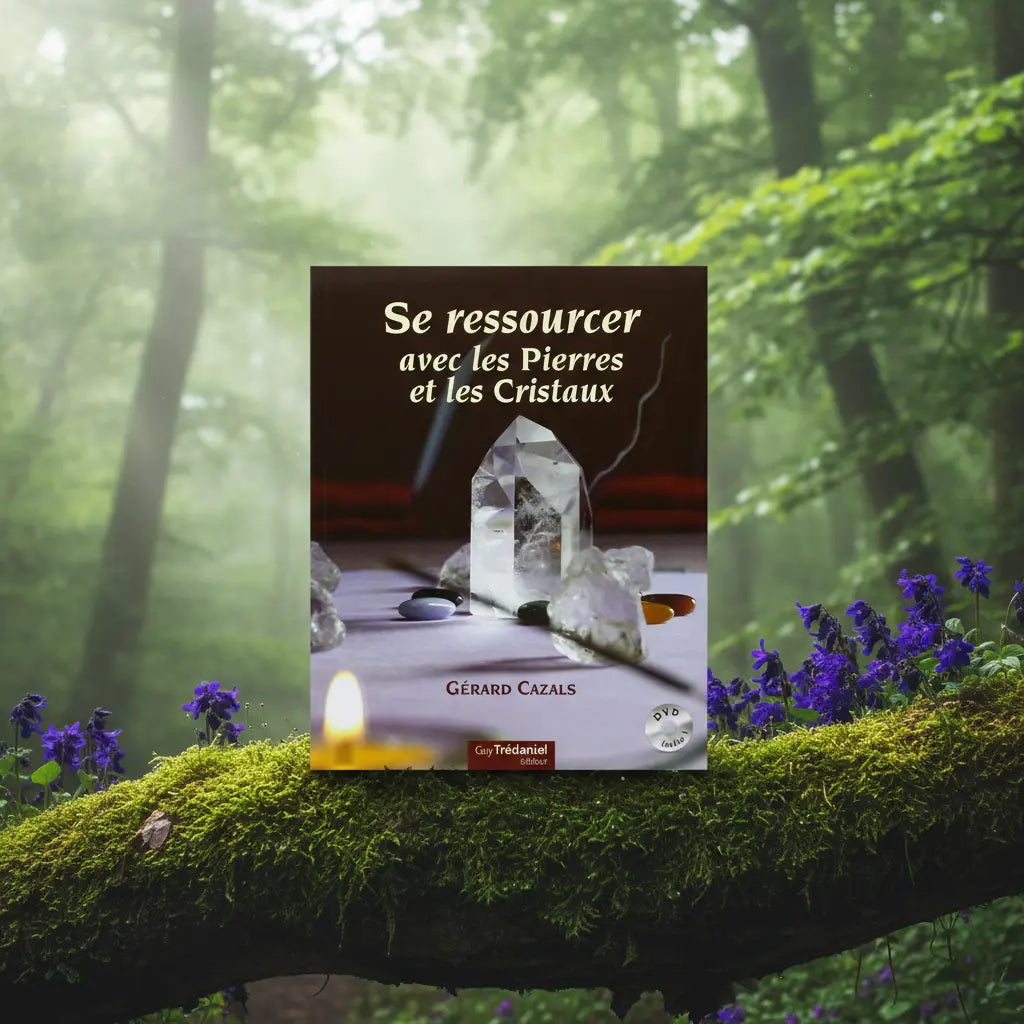 Livre Se Ressourcer avec les Pierres et les Cristaux de Gérard Cazals posé sur une branche moussue, illustré d'un cristal de roche lumineux entouré de pierres roulées.