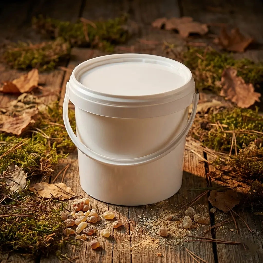 Seau hermétique blanc pour conservation d’encens et plantes magiques, seau plastique à anse posé sur bois avec mousse et résine.