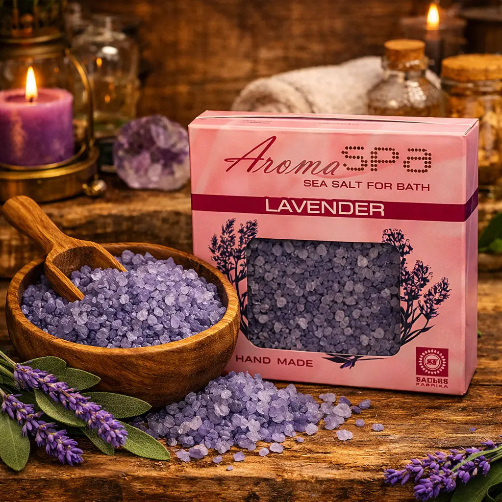 Cristaux de Sel de Bain Aroma Spa - Lavande violets dans un bol en bois avec boîte rose Aroma Spa et brins de lavande séchée.