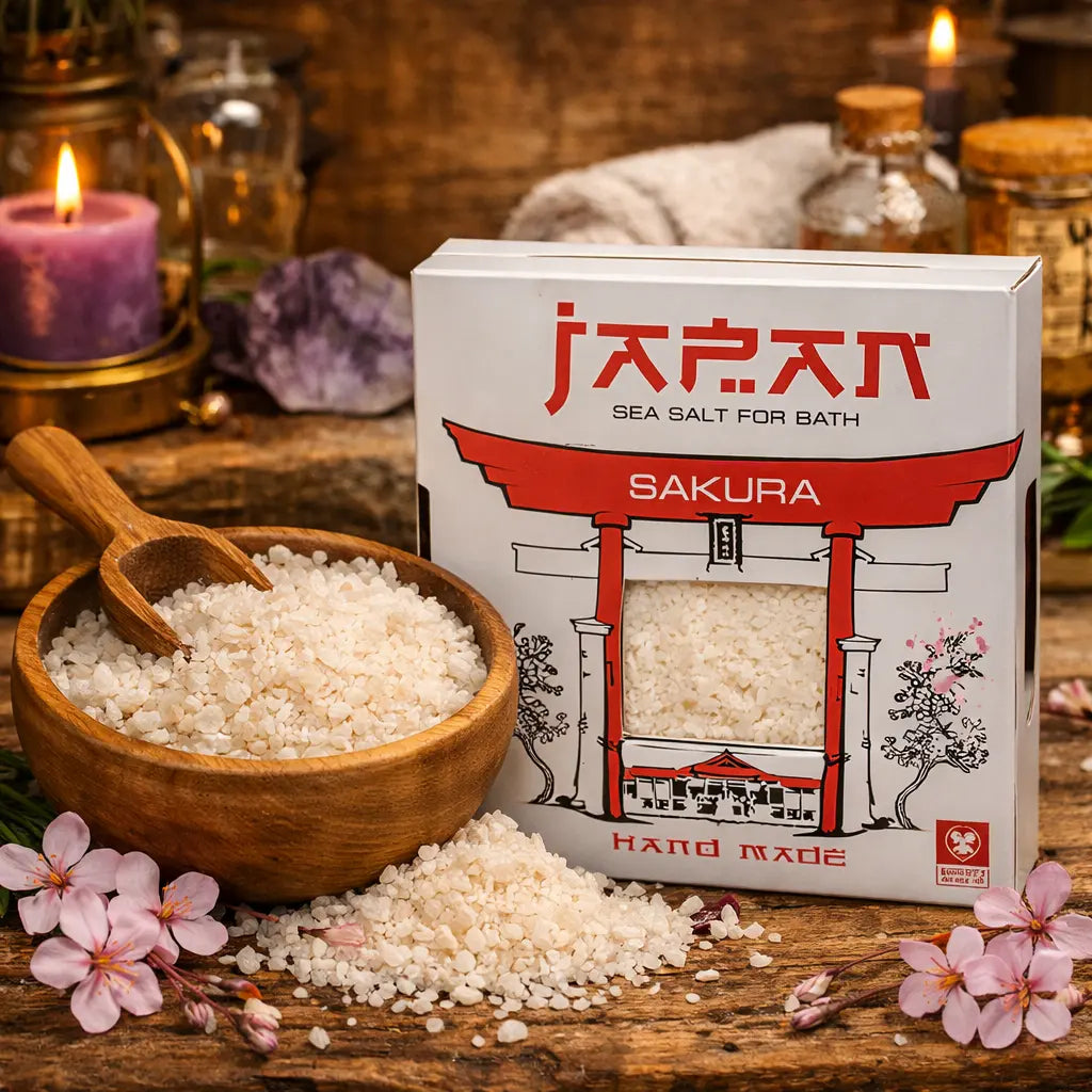 Boîte de Sel de Bain Japan Spa - Sakura avec arche Torii rouge, bol de sels blancs et fleurs de cerisier roses.