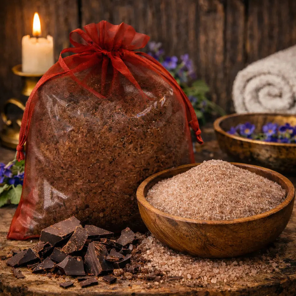 Cristaux de Sels de Bain Chocolat bruns dans un bol en bois avec carrés de chocolat noir et bougie allumée.