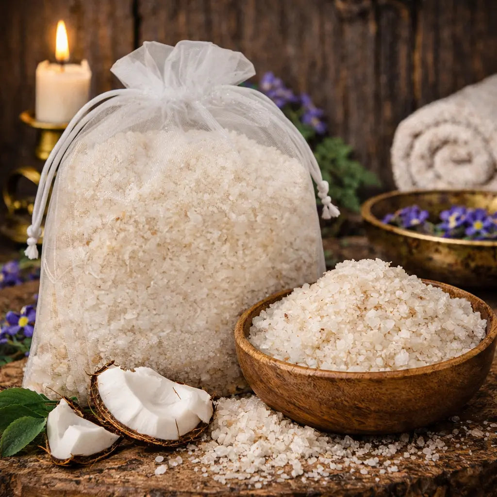 Cristaux de Sels de Bain Noix de Coco blancs dans un bol en bois avec morceaux de noix de coco et sachet organza blanc.