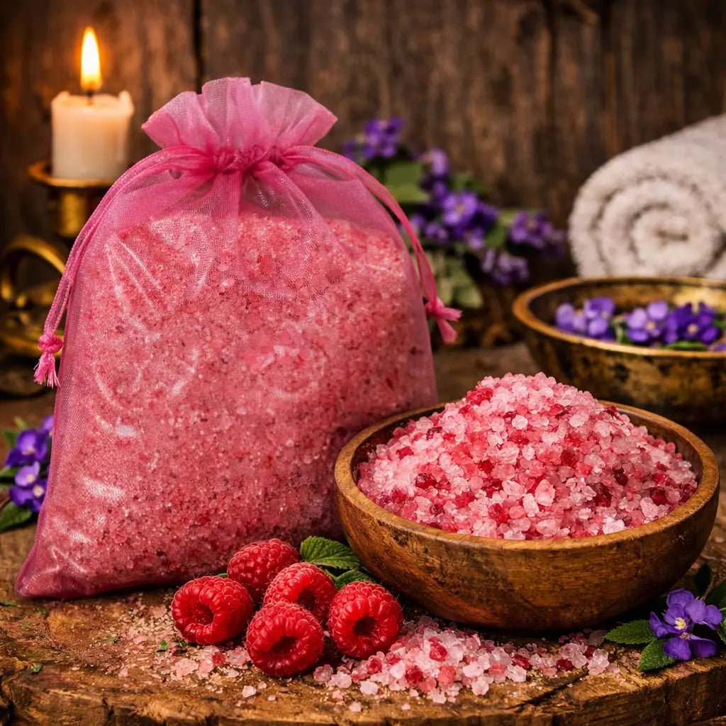Cristaux de Sels de Bain Framboise rose vif dans un bol en bois avec framboises fraîches et sachet en organza rose.