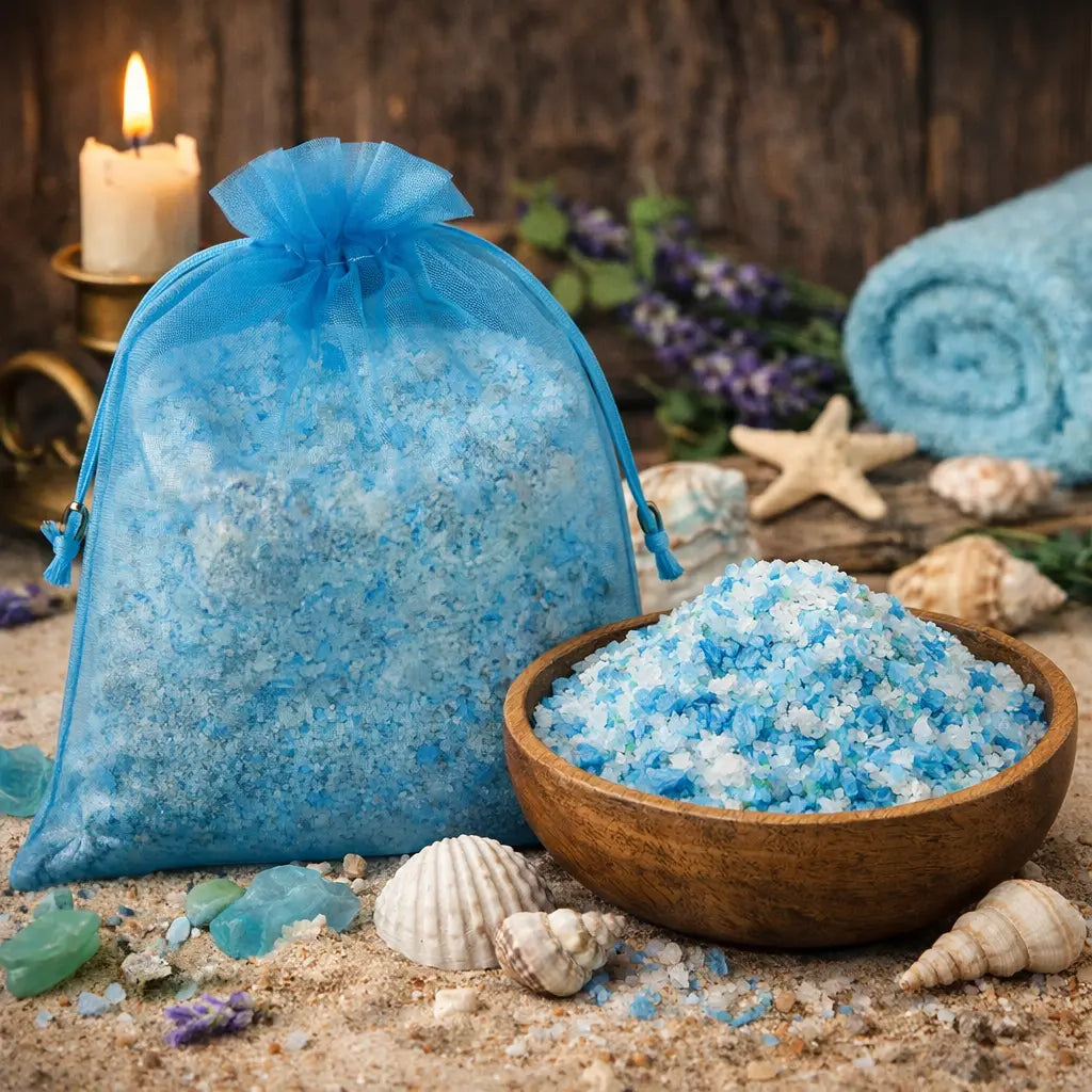 Cristaux de Sels de Bain Fraîcheur Marine bleus et blancs dans un bol en bois avec coquillages et sachet bleu.