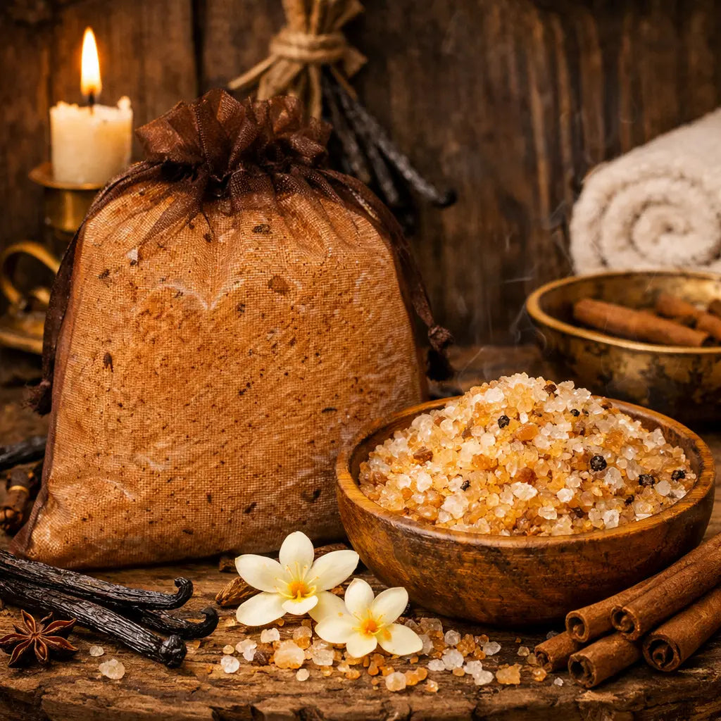 Sels de Bain Vanille ambrés dans un bol en bois avec gousses de vanille et bâtons de cannelle rituels.