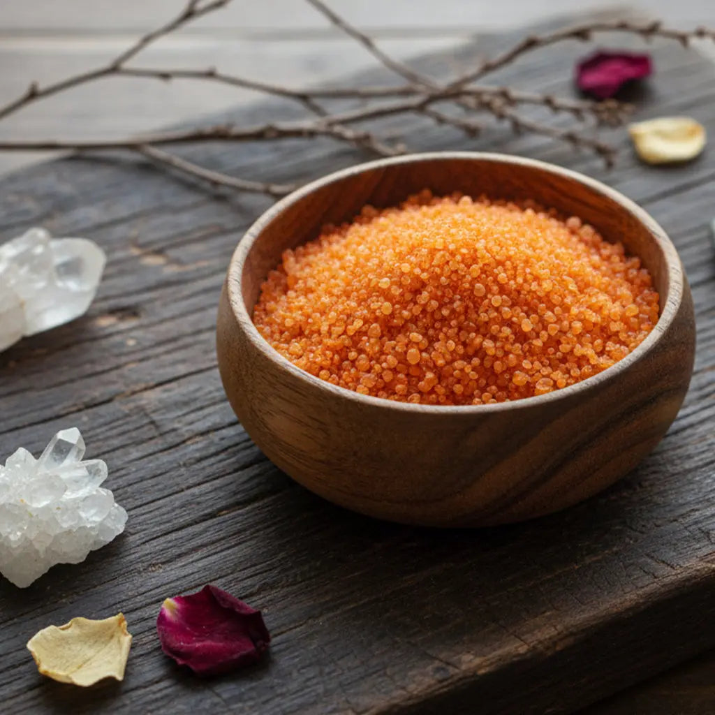 Bol rempli de Granulés Sel Infusé - Cœur du Foyer de couleur orange ambré pour rituel de maison