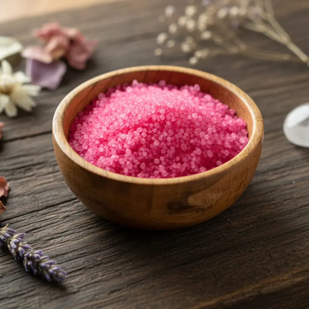 Bol rempli de Granulés Sel Infusé - Passion Boudoir d'un rose vibrant pour rituel de séduction