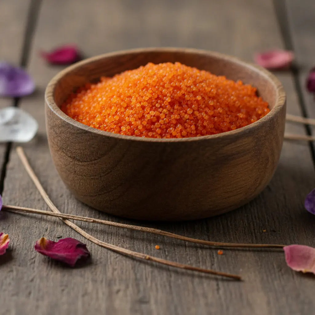Bol en bois rempli de Granulés Sel Infusé - Patchouli de couleur orange vif pour rituel d'ancrage