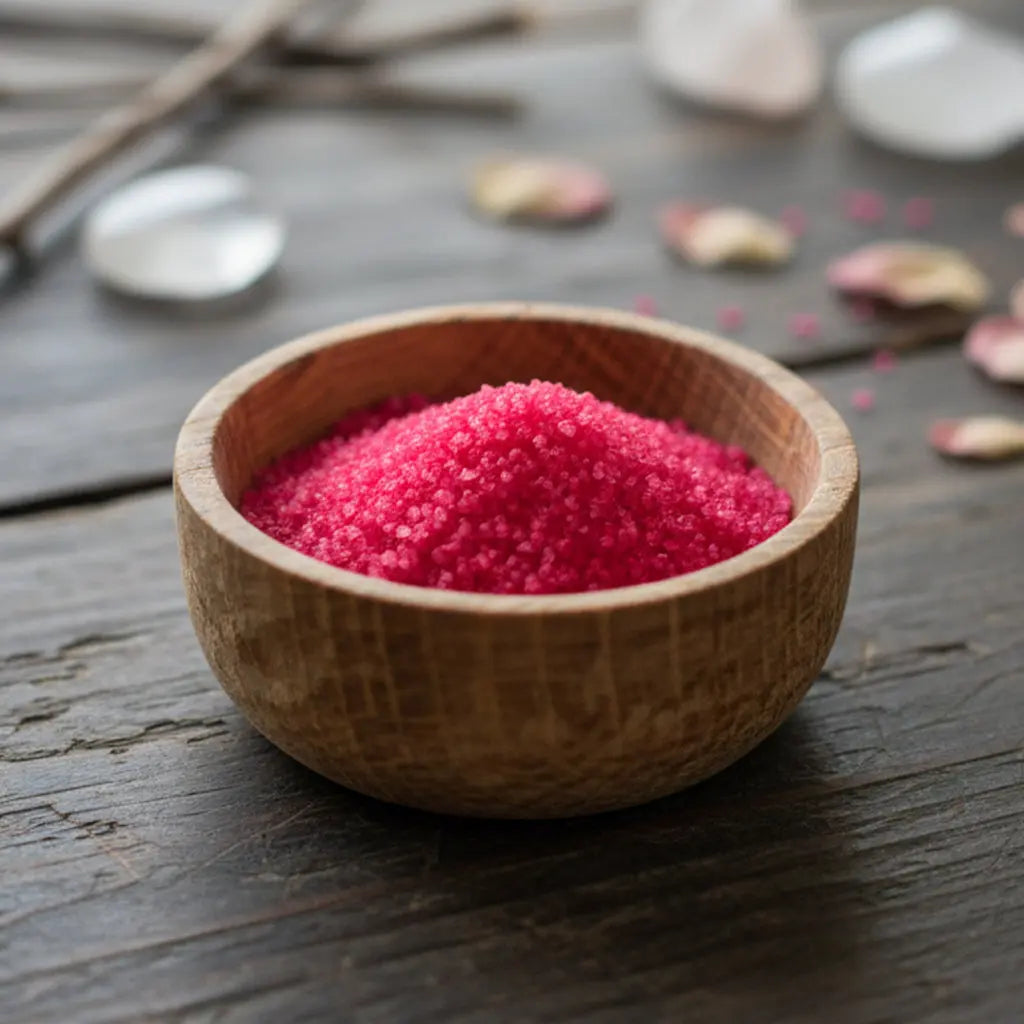 Bol rempli de Granulés Sel Infusé - Rose Musc de couleur rose rubis intense pour rituel d'amour