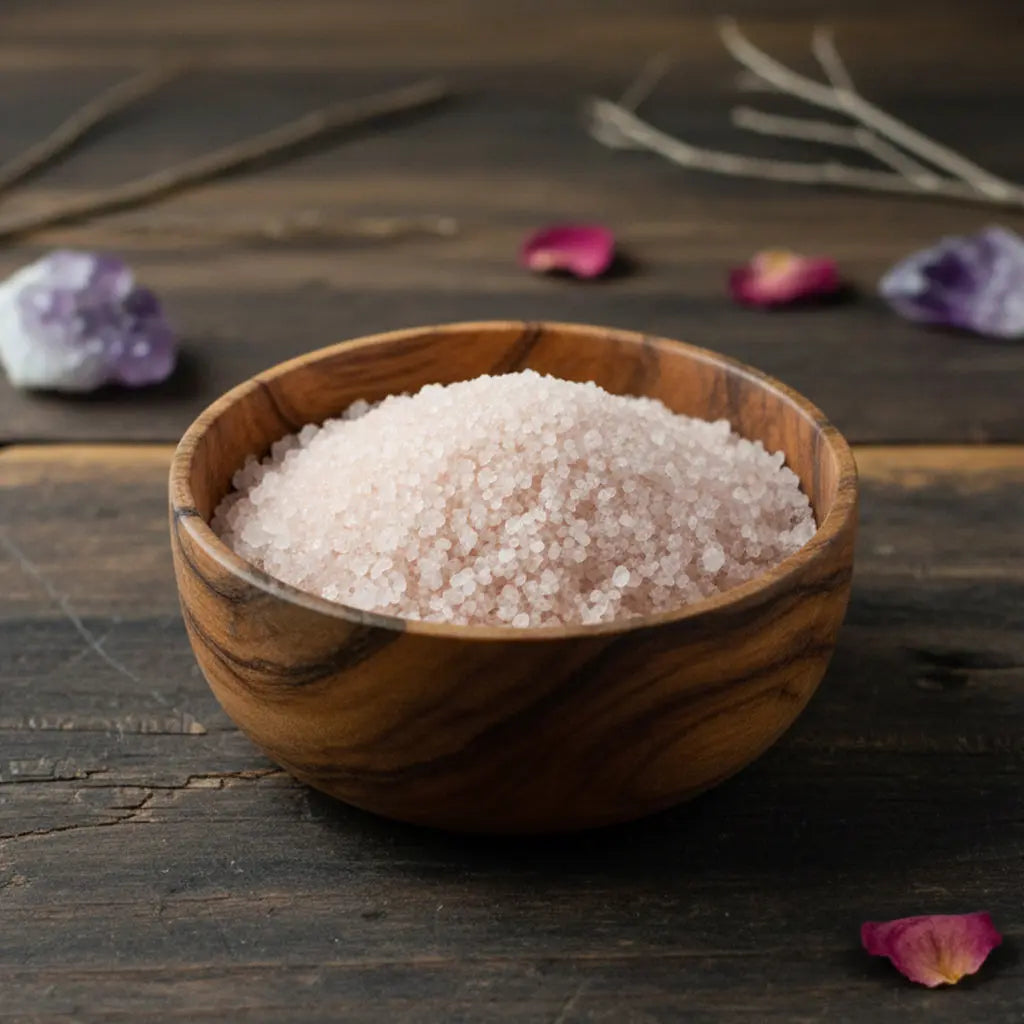 Bol en bois rempli de Granulés Sel Infusé - Vanille et Musc de couleur rose pâle pour rituel cocooning
