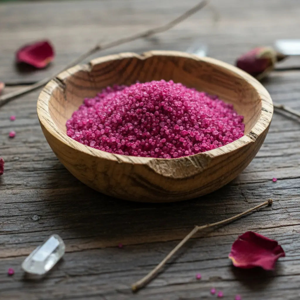 Bol rempli de Granulés Sel Infusé - Zone de Confort de couleur magenta vibrant pour rituel de sécurité