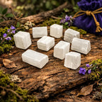 Blocs de Sélénite brute à l'éclat nacré et translucide, déposés sur un bois antique moussue pour une atmosphère de pureté spirituelle et de clarté.